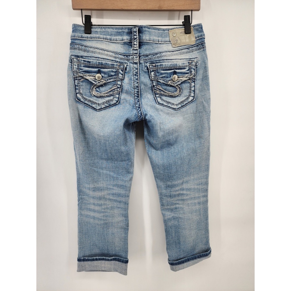 Silver Jeans Co Aiko Mid Capri Blue Denim Embellished Flap Pocket W27/L22